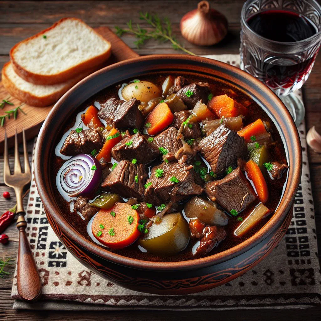 Bowl of Czech venison ragout in a rich red wine sauce, garnished with fresh parsley