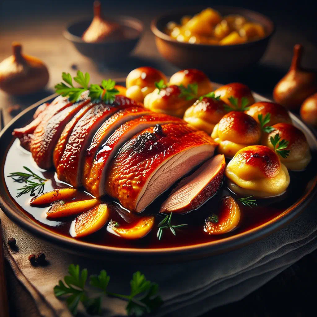 Sliced roast duck breast with crispy skin, red cabbage and dumplings