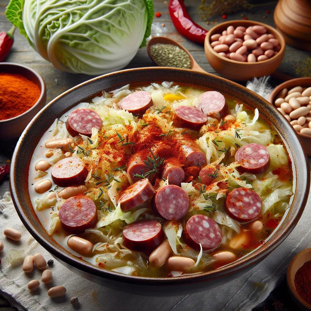 A steaming bowl of kapustnica sauerkraut soup with smoked sausage and paprika