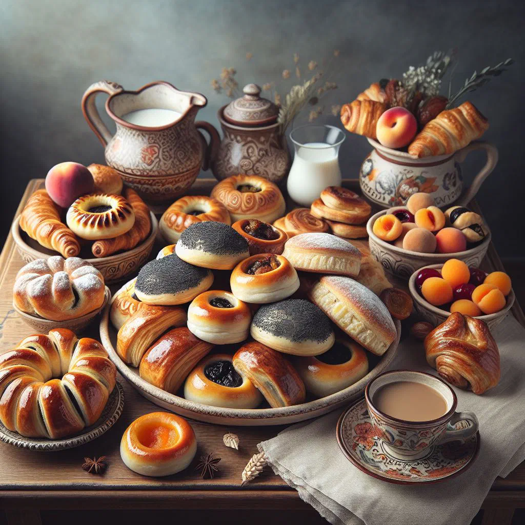 Round Czech koláče pastries with sweet fruit and quark fillings