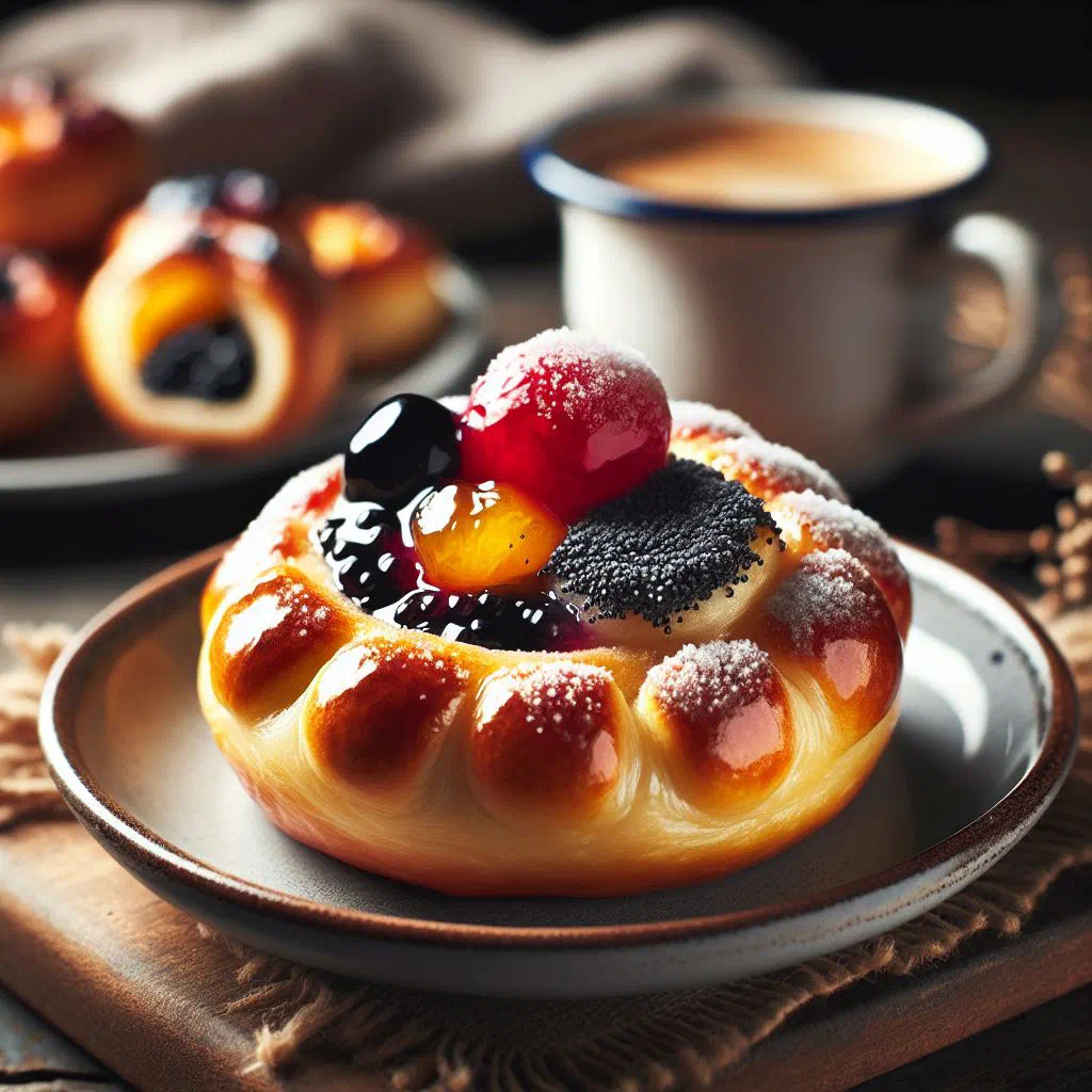 Round Czech koláčky pastries with fruit and quark fillings dusted with icing sugar
