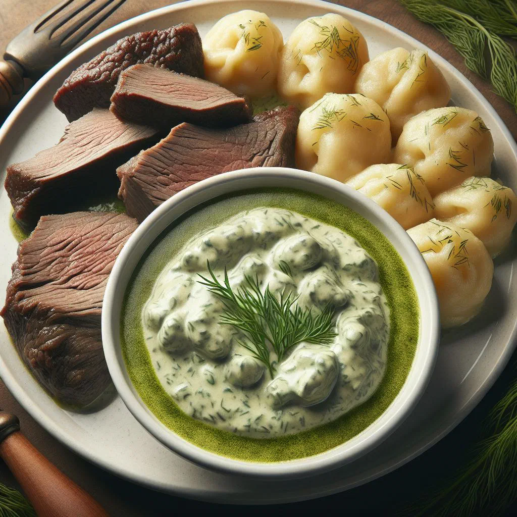 Creamy Czech dill sauce with sliced beef and bread dumplings