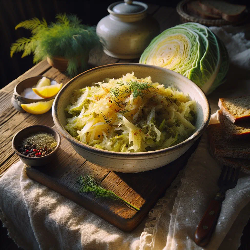 Bowl of fermented Czech cabbage garnished with caraway seeds