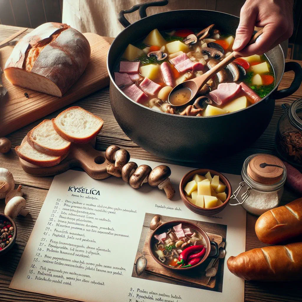 A steaming bowl of Czech kyselica sauerkraut soup with potatoes and fresh herbs