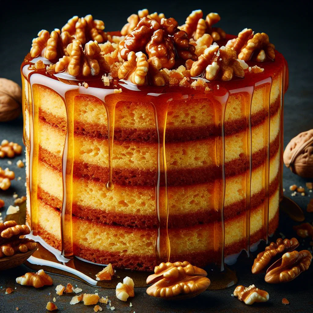 Sliced Czech medovník honey cake showing thin layers and cream filling