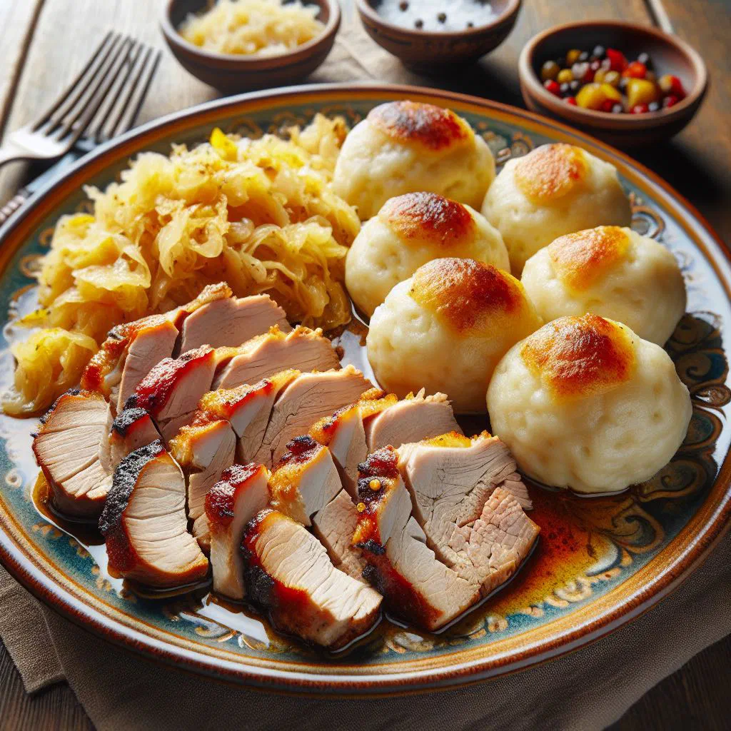 Sliced roast pork with bread dumplings and sauerkraut on a plate