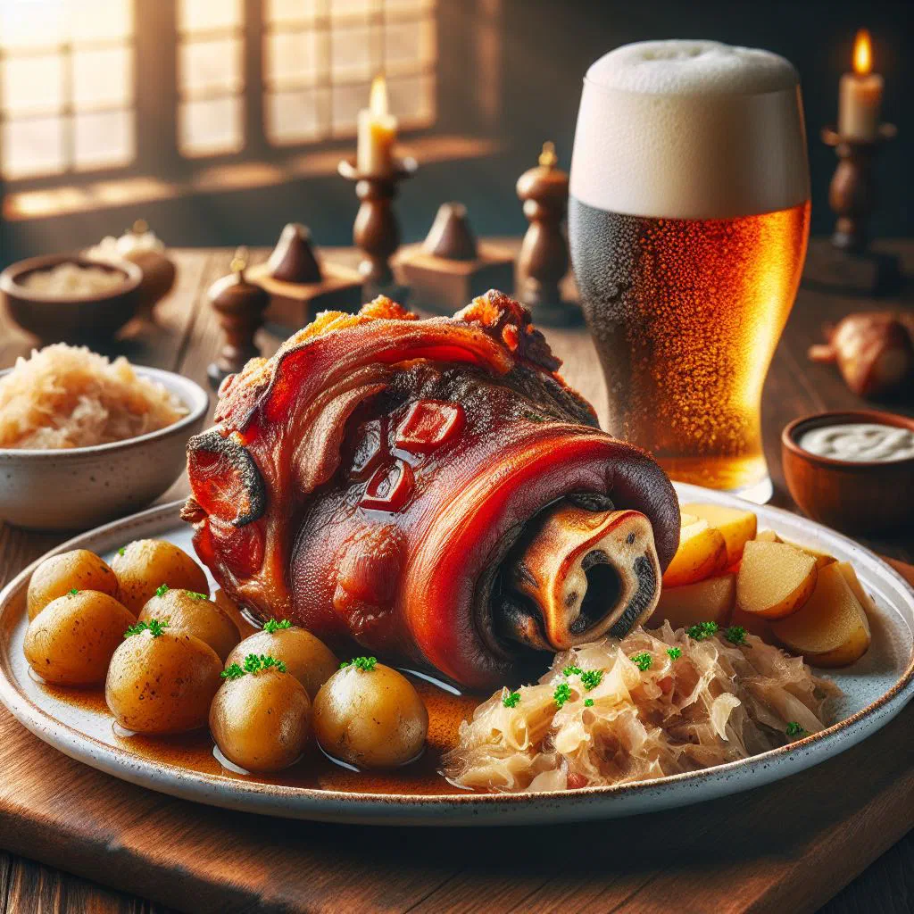 Crispy roasted pork knuckle served with sauerkraut and crusty bread