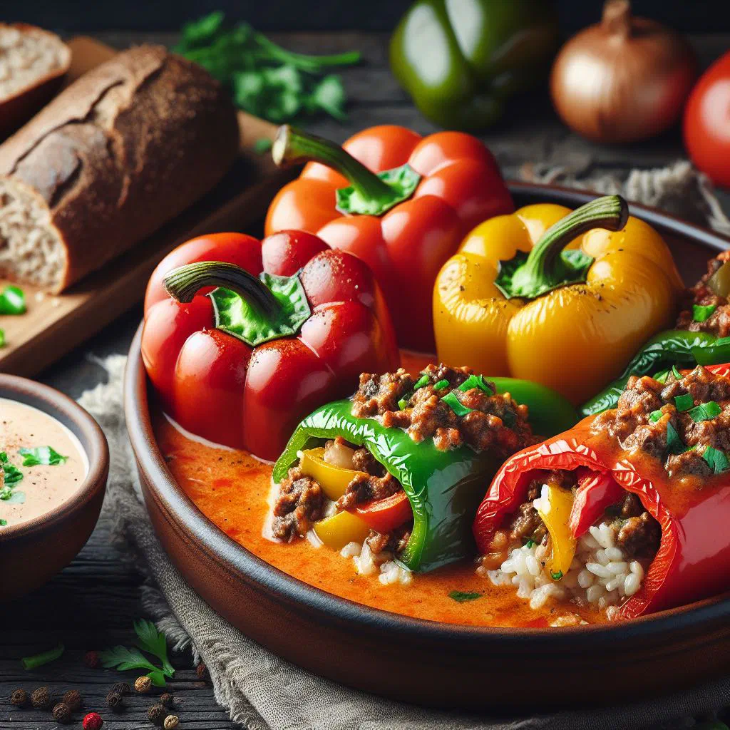 Baked stuffed peppers filled with rice and minced meat in tomato sauce