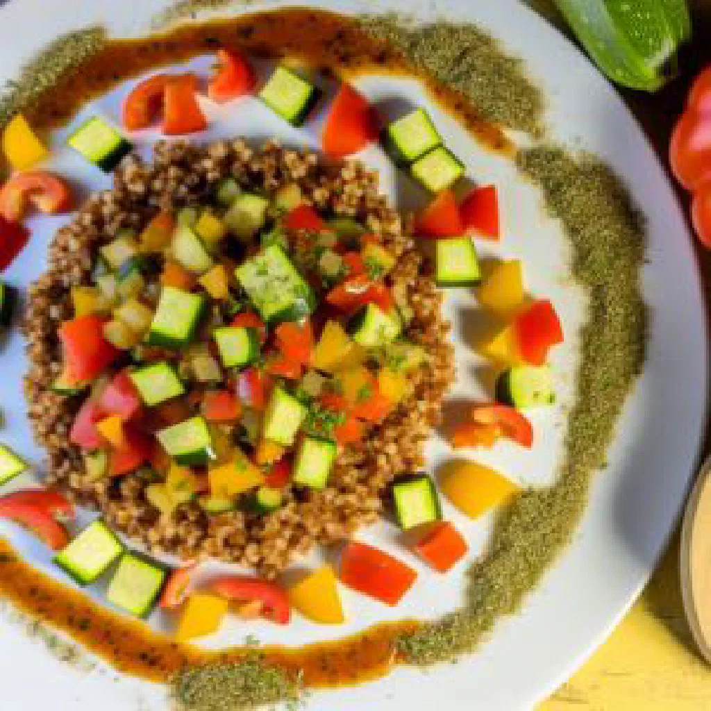 A bowl of cooked pohanka buckwheat with vegetables and fresh herbs