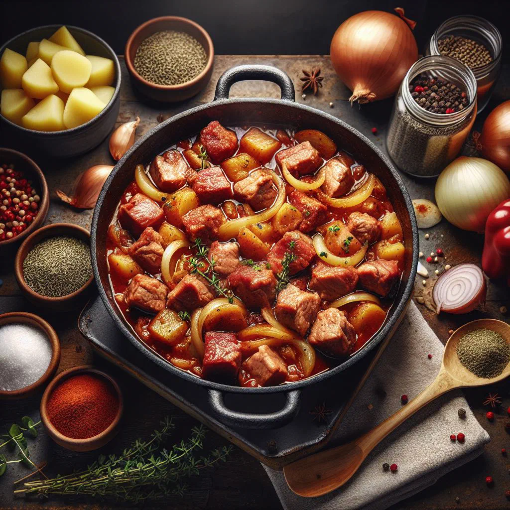 Rich Czech pork goulash garnished with fresh parsley