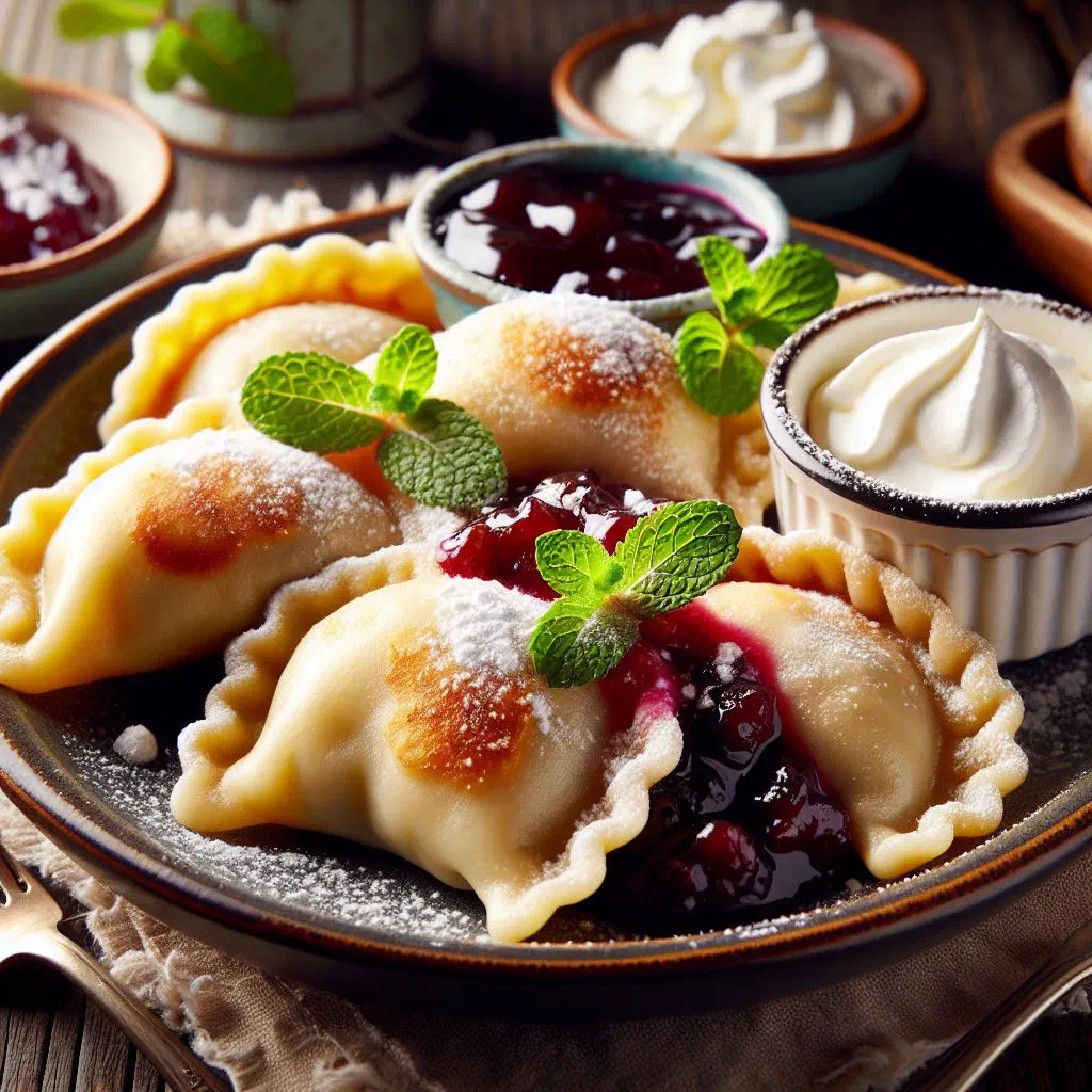 Golden yeast-dough pockets filled with plum jam and dusted with icing sugar