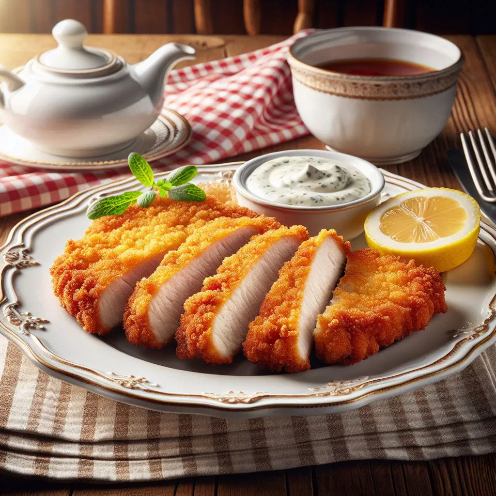 Golden breaded Czech řízek cutlet served with potato salad and lemon