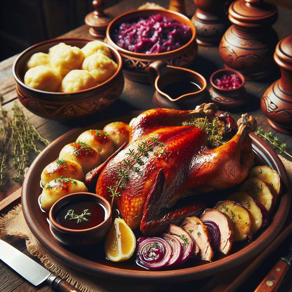 Crispy roast duck with bread dumplings and red cabbage on a serving plate