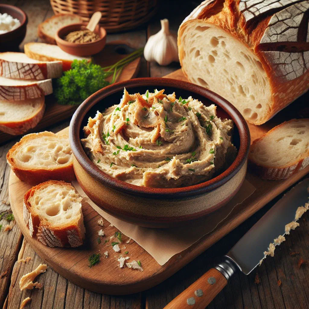 Bowl of Czech pork crackling spread served with fresh bread