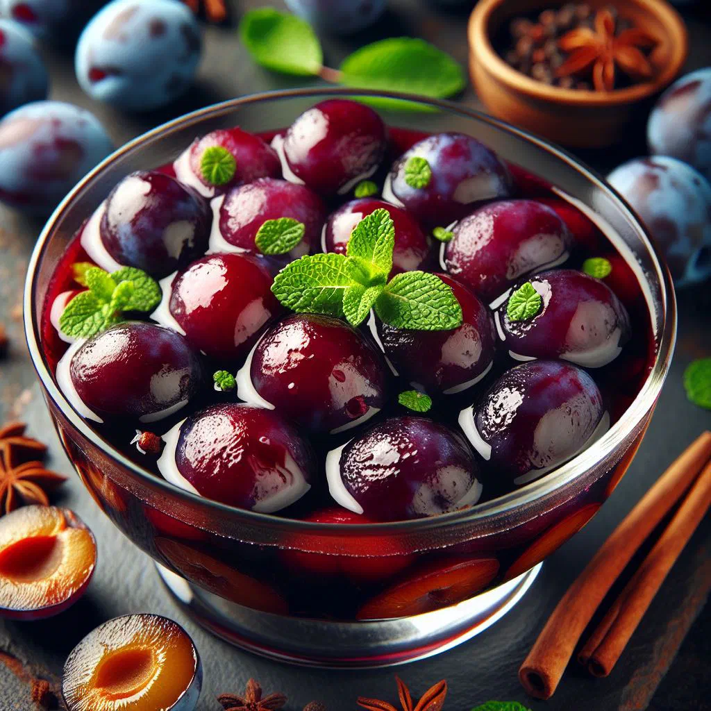 Bowl of plum compote with slivovitz, garnished with mint