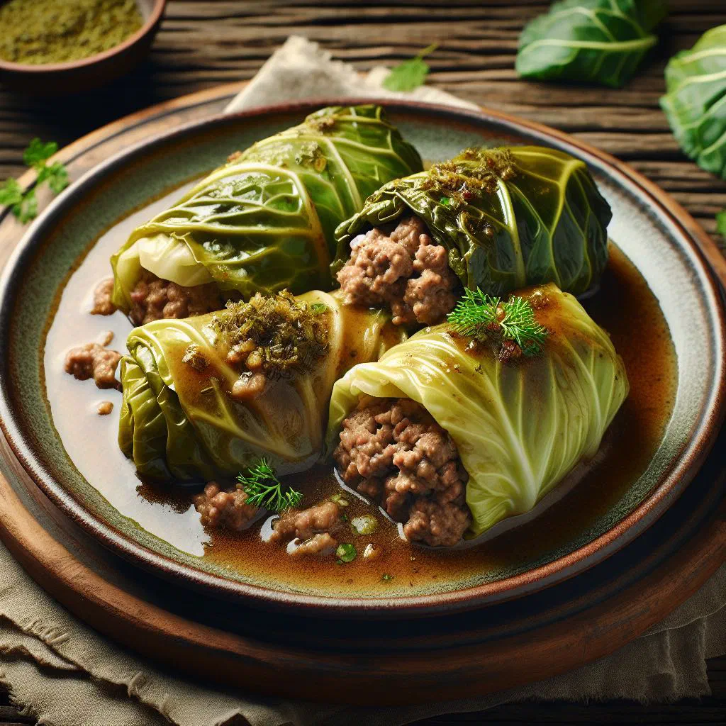 Meat-stuffed savoy cabbage rolls in a baking dish, garnished with parsley