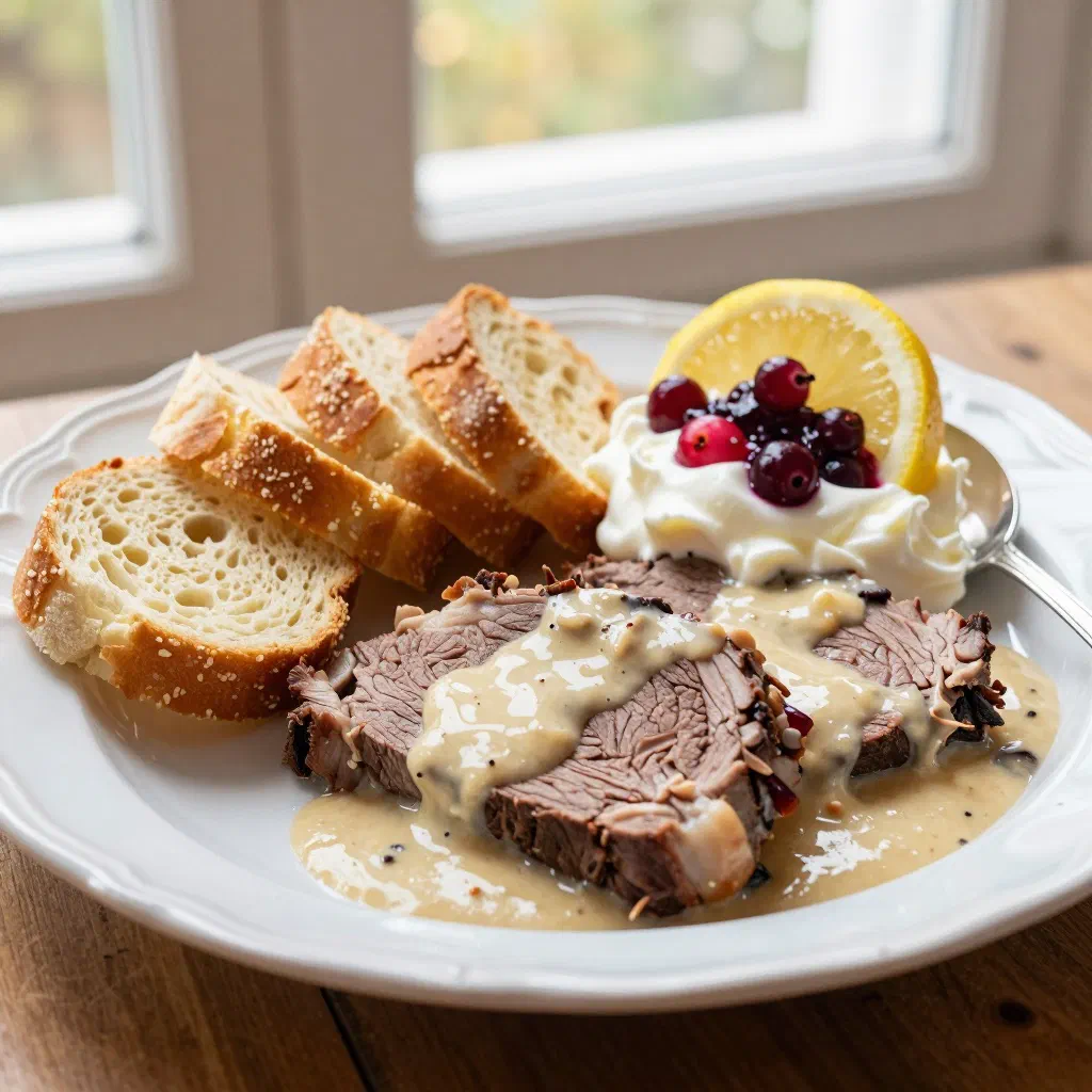 Sliced beef in creamy root-vegetable sauce served with bread dumplings