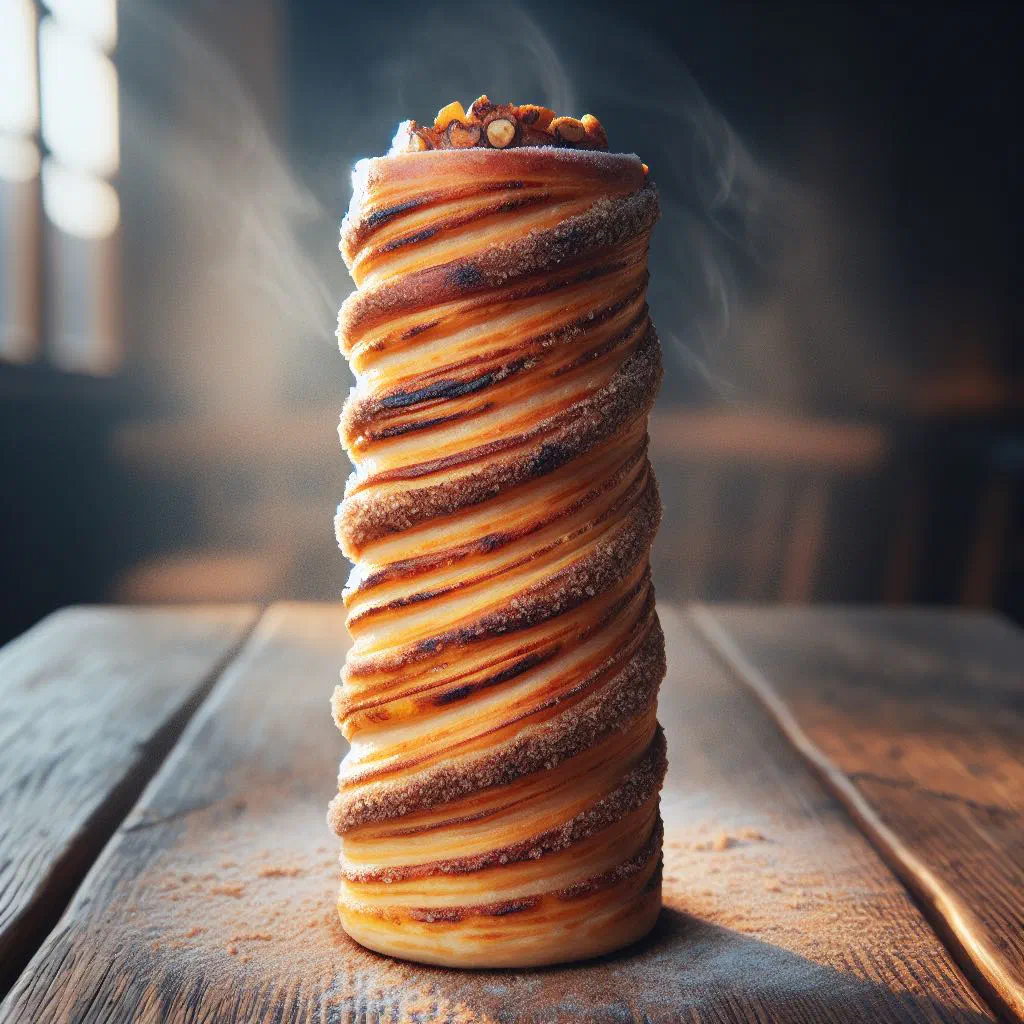 Golden spiral trdelník pastries dusted with cinnamon sugar
