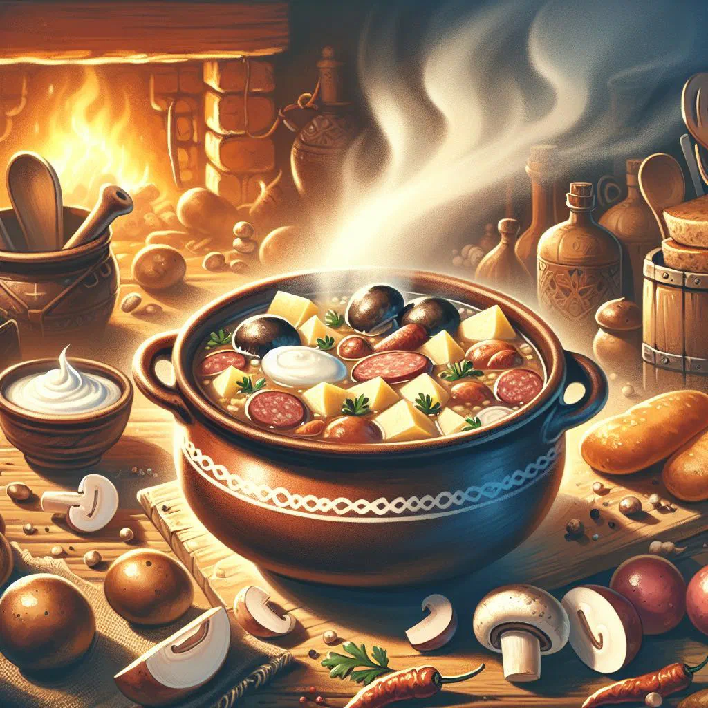 Bowl of Valašská Kyselica sauerkraut and potato soup with fresh herbs