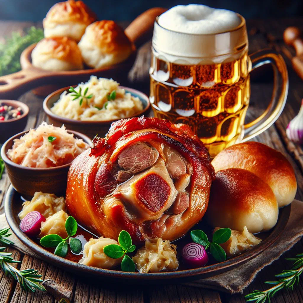 Roasted pork knuckle with crispy crackling, sauerkraut and fresh bread