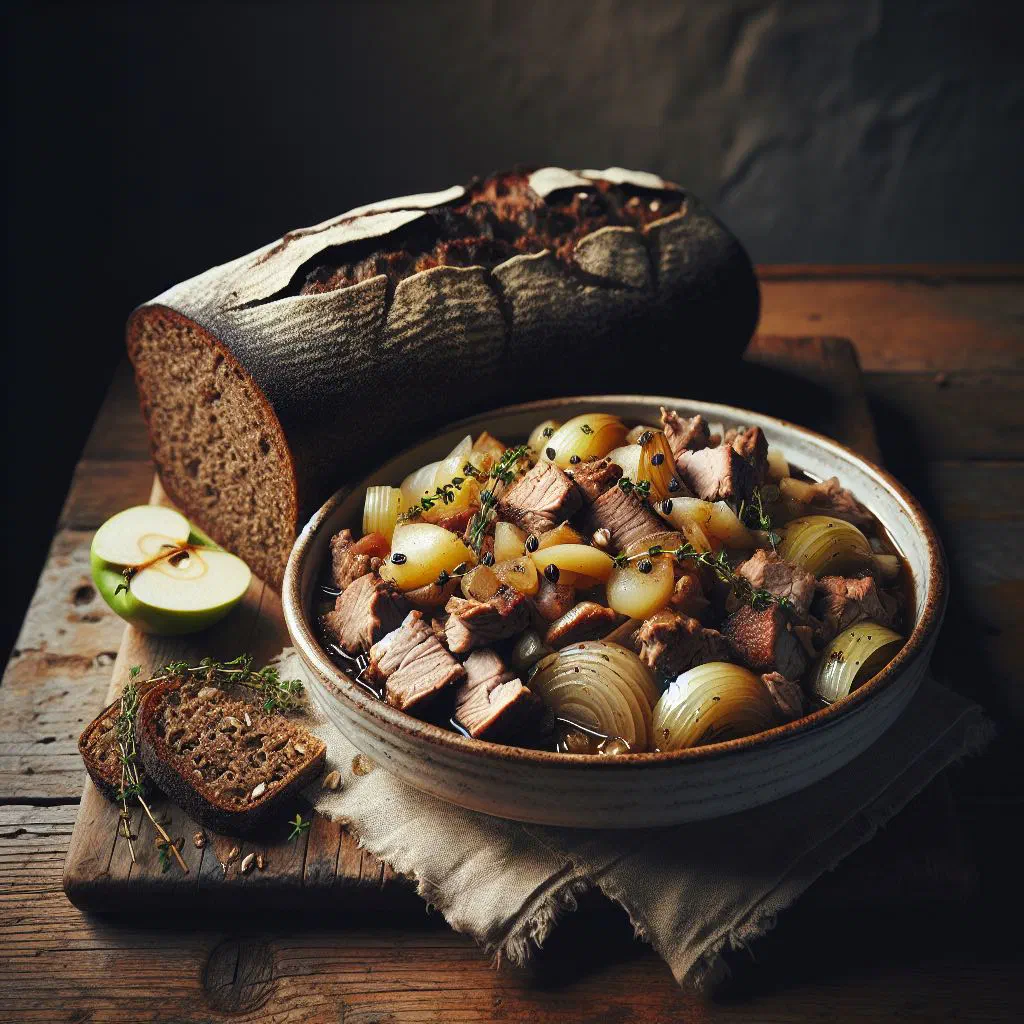 Crispy bacon with fried apples and onions served on dark Danish rye bread