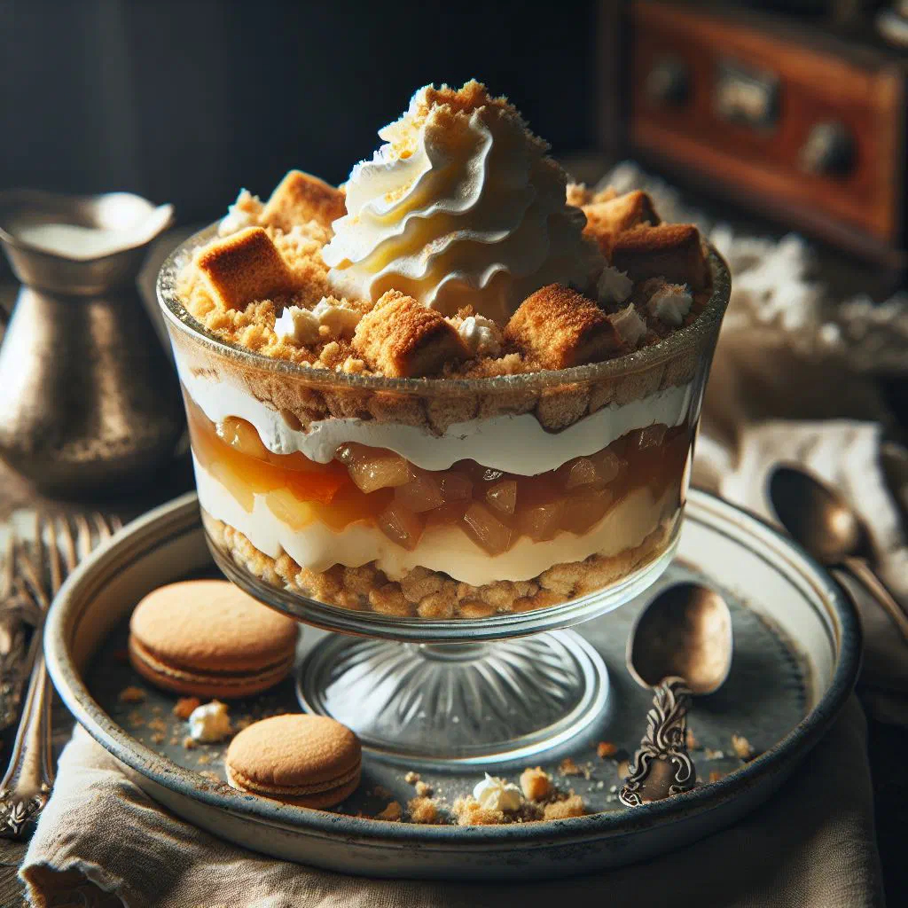 Layered Danish apple dessert with toasted crumbs and whipped cream
