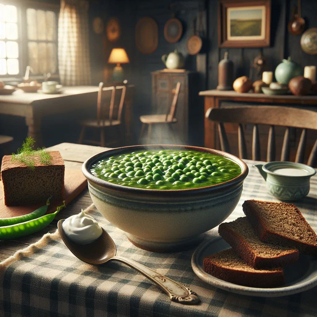 Creamy Danish pea soup in a bowl with smoked ham and fresh herbs