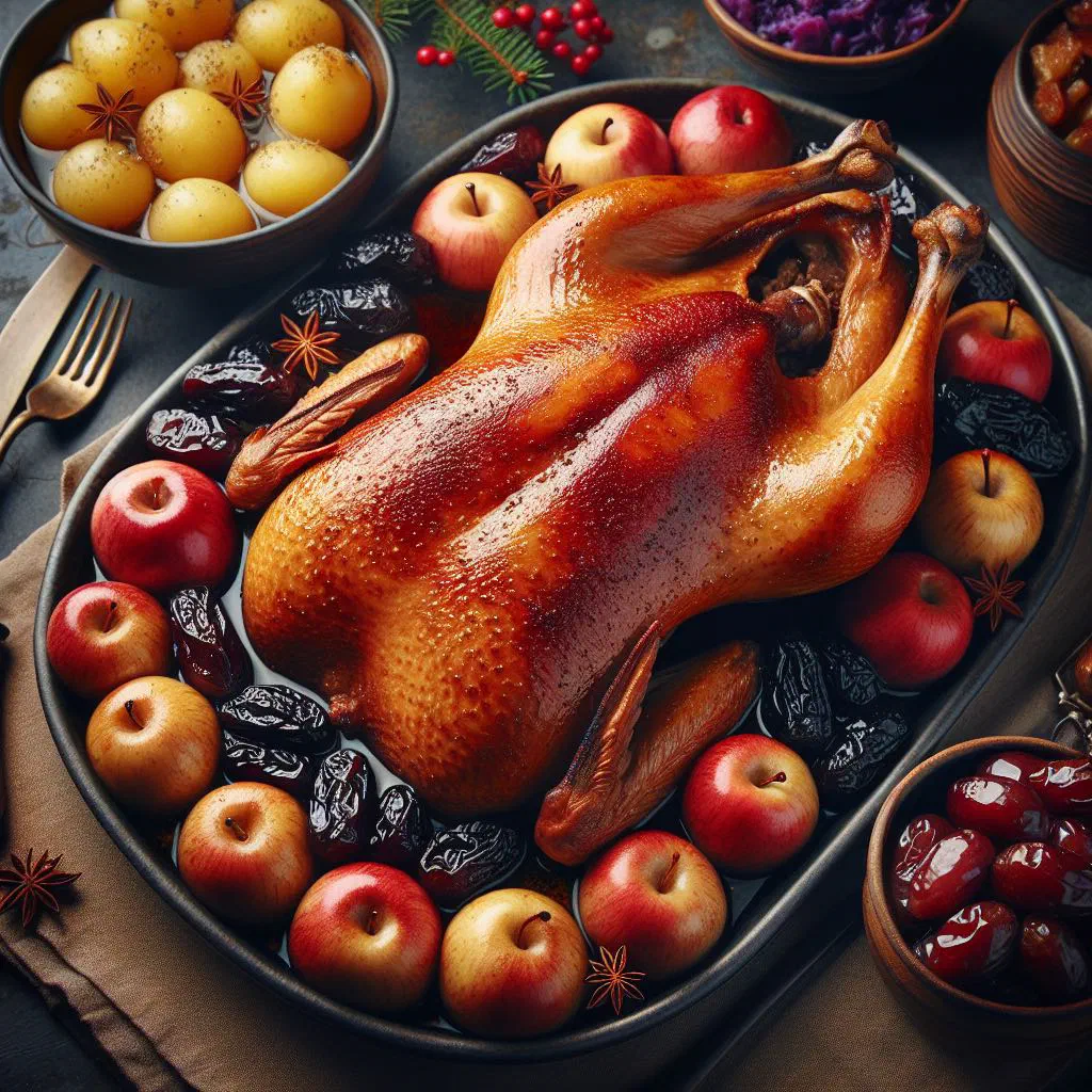 Danish roast duck with crisp golden skin, red cabbage and potatoes