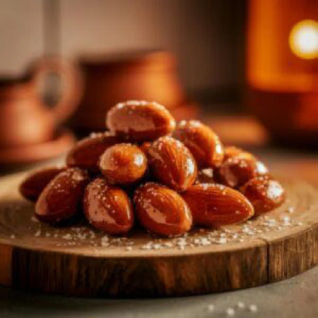 Caramelised Danish almonds with a crisp sugar coating in a small bowl