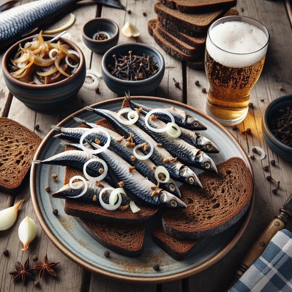 Marinated herring pieces with onion rings and fresh dill on a plate