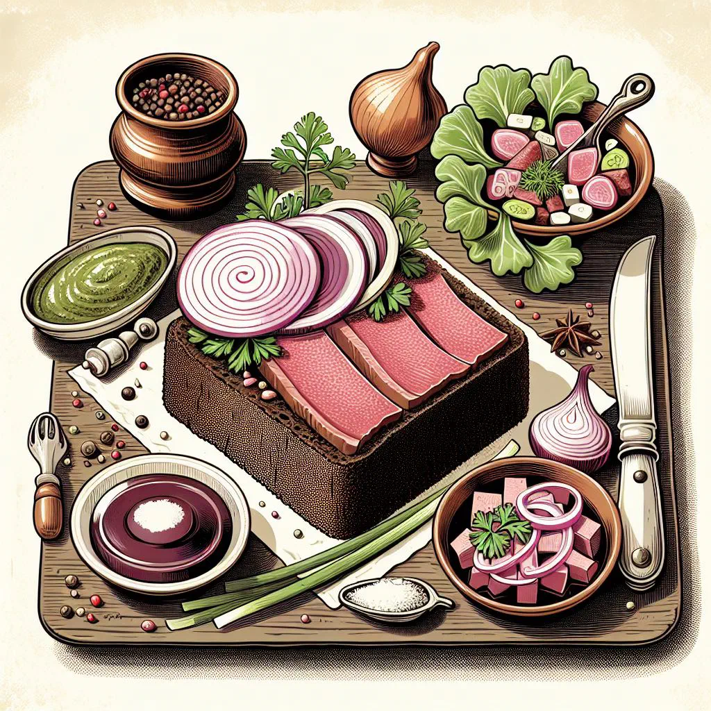 Danish open sandwich with rye bread, liver pâté, roast beef and raw onion rings