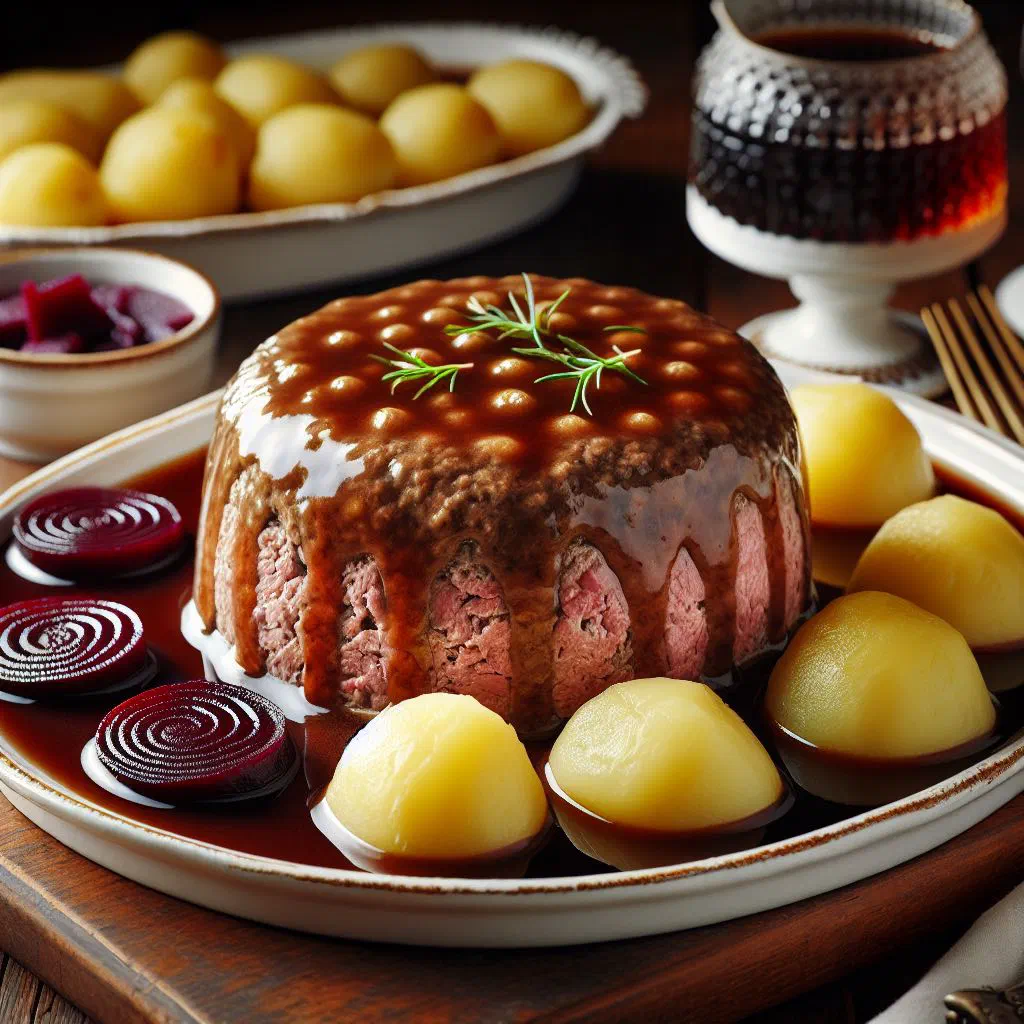 Sliced Danish forloren hare meatloaf with creamy gravy and potatoes