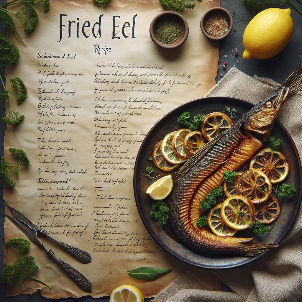 Golden breadcrumbed fried eel pieces served with lemon slices