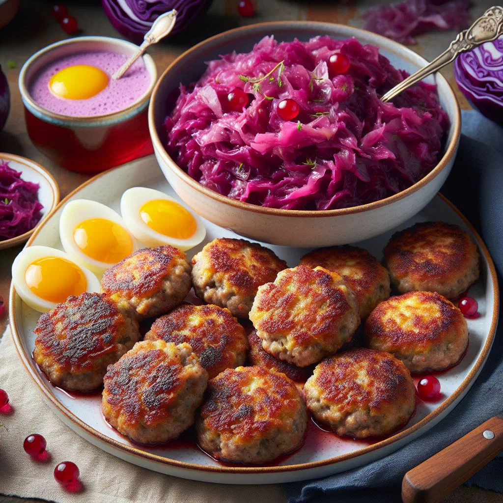 Golden pan-fried Danish meatballs served with spiced red cabbage