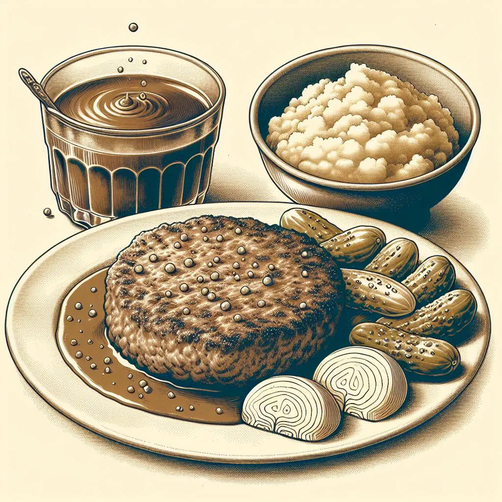 Pan-fried Danish hakkebøf beef patties with onions and potatoes