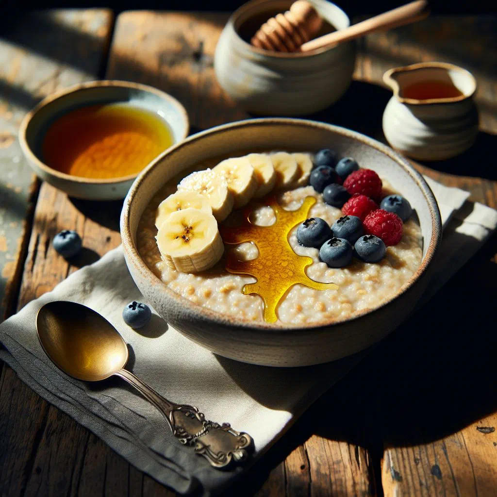 Creamy Danish oat porridge in a bowl topped with fresh berries and nuts
