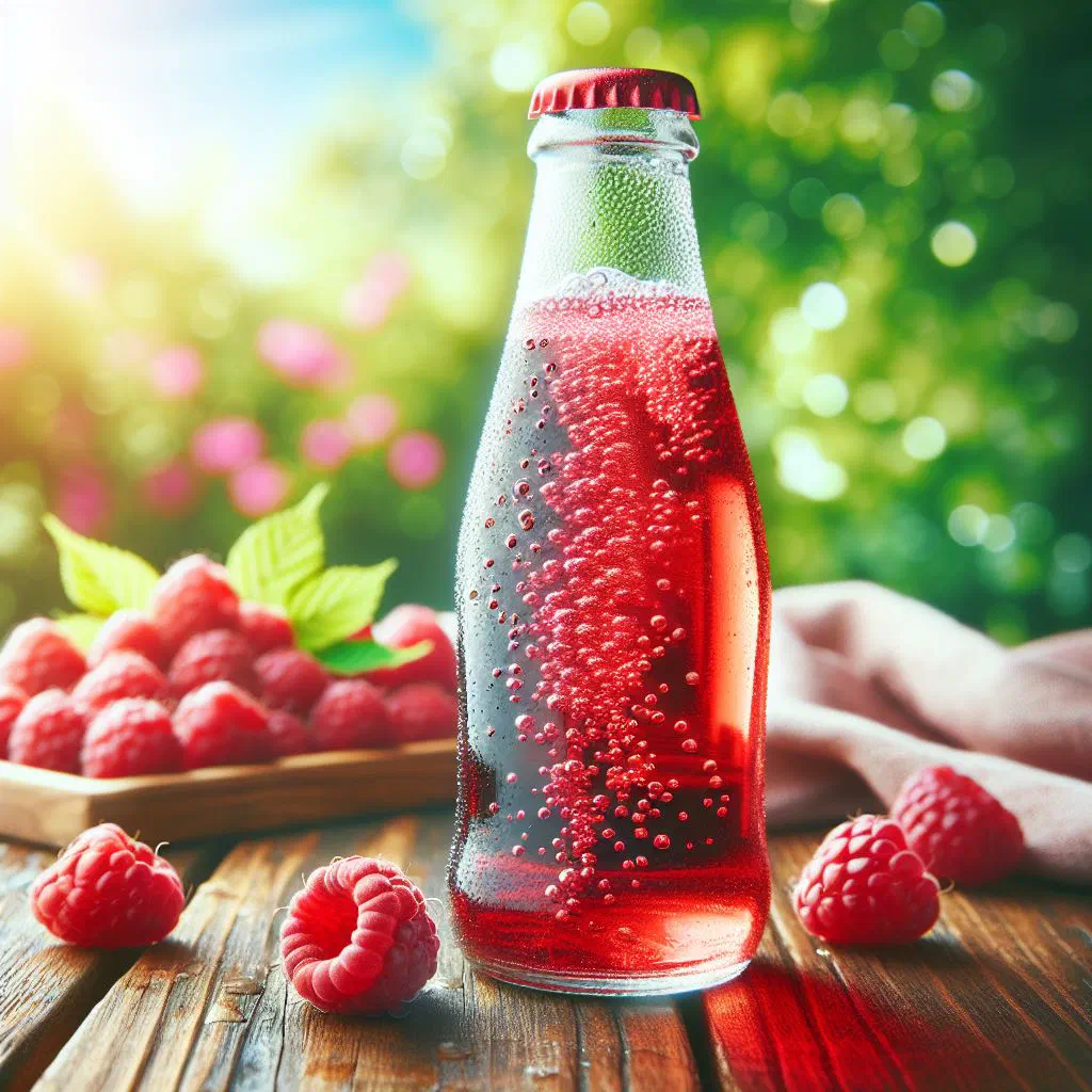 Glasses of sparkling pink raspberry hindbærbrus with fresh berries and mint