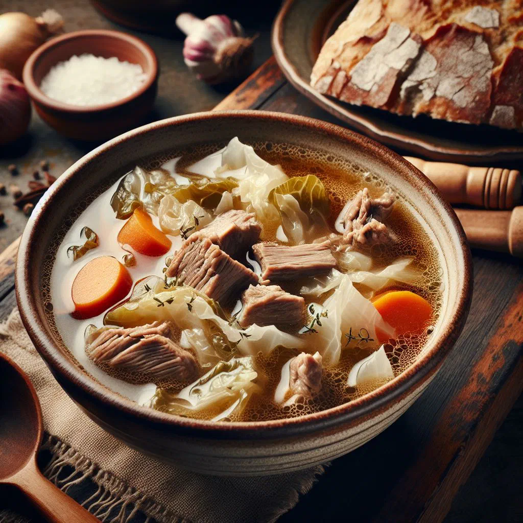 Bowl of Danish white cabbage soup garnished with fresh parsley