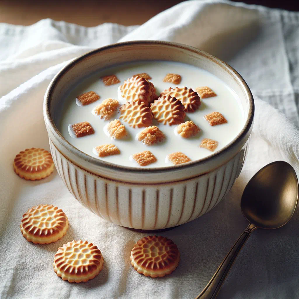 Bowl of cold Danish buttermilk dessert topped with crisp biscuits and berries