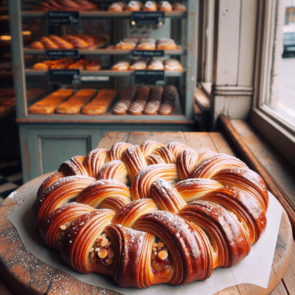 Golden Danish kringle pastry with almond filling, dusted with icing sugar