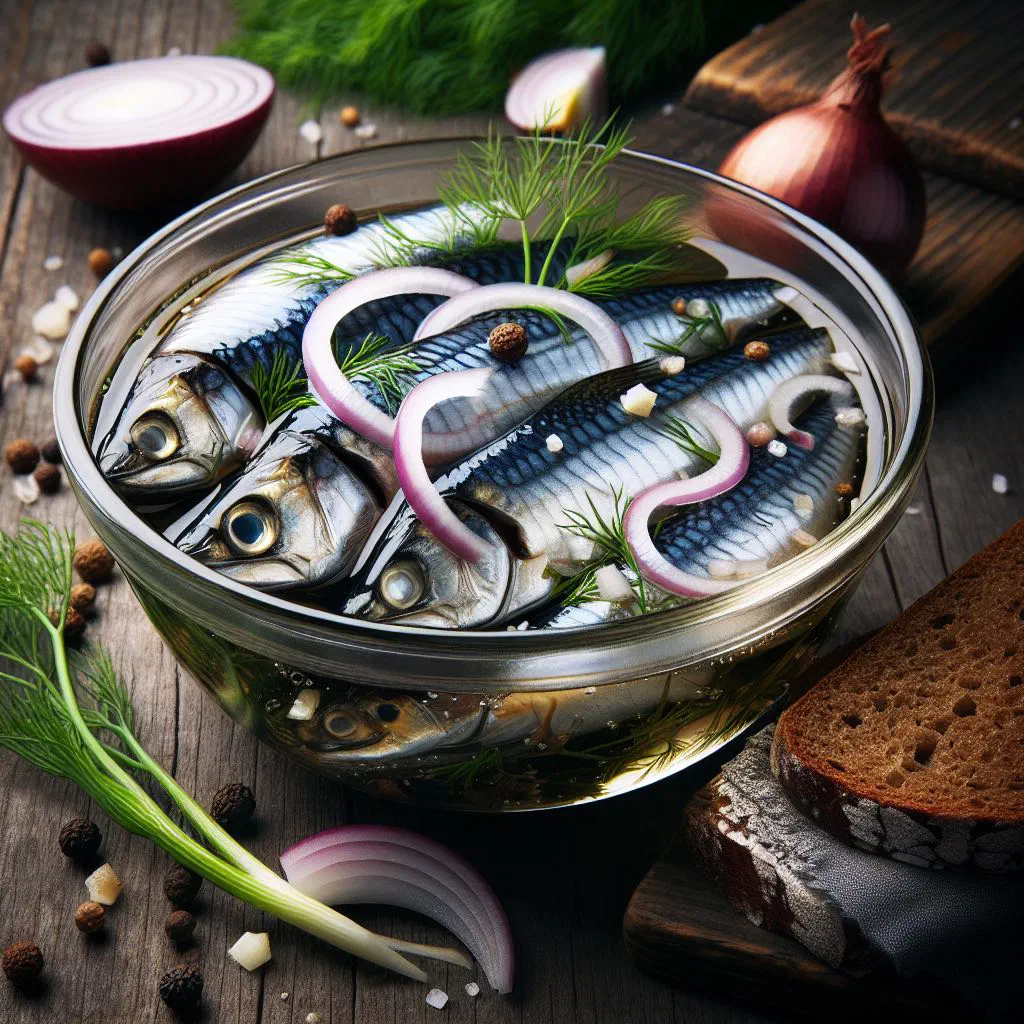Marinated herring fillets with onion rings in a vinegar marinade