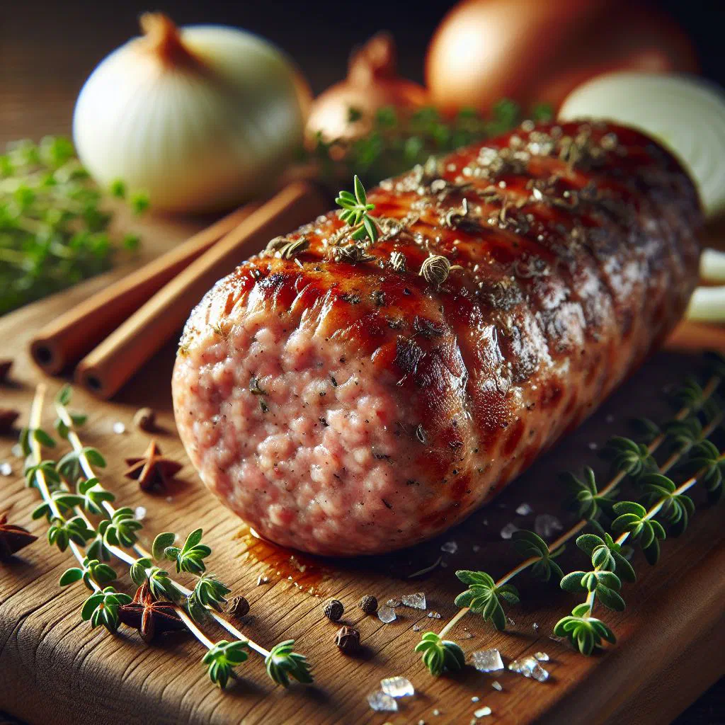 Golden-brown Danish medisterpølse sausage sliced on a plate
