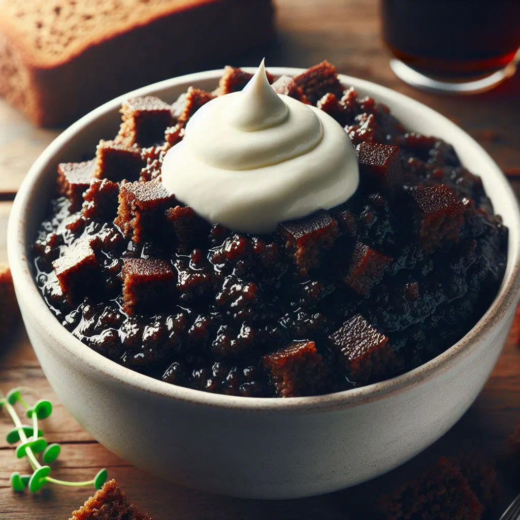 Bowl of dark Danish øllebrød topped with vanilla sauce and fresh berries