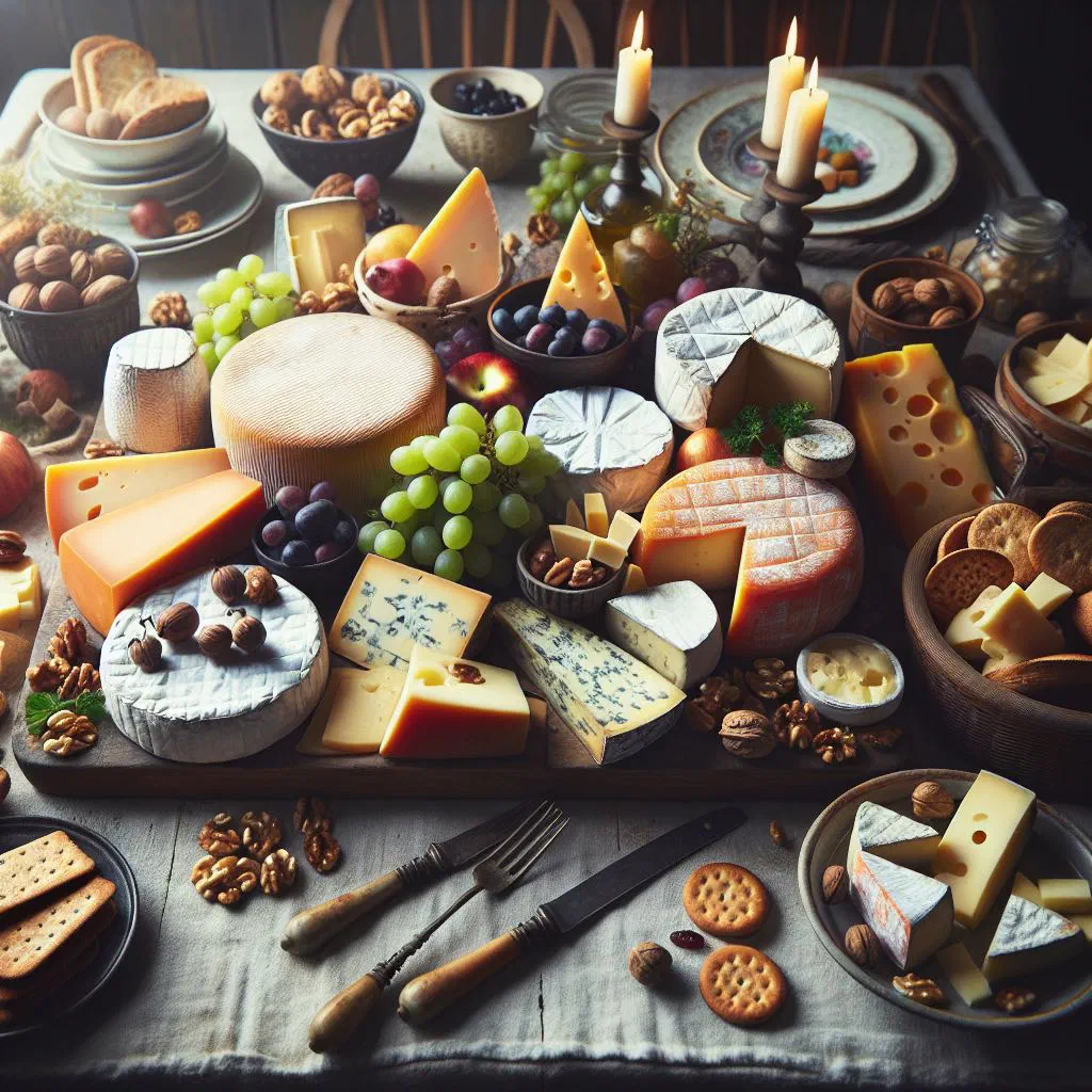 Danish ostebord platter with cheese, cold cuts, marinated fish and rye bread
