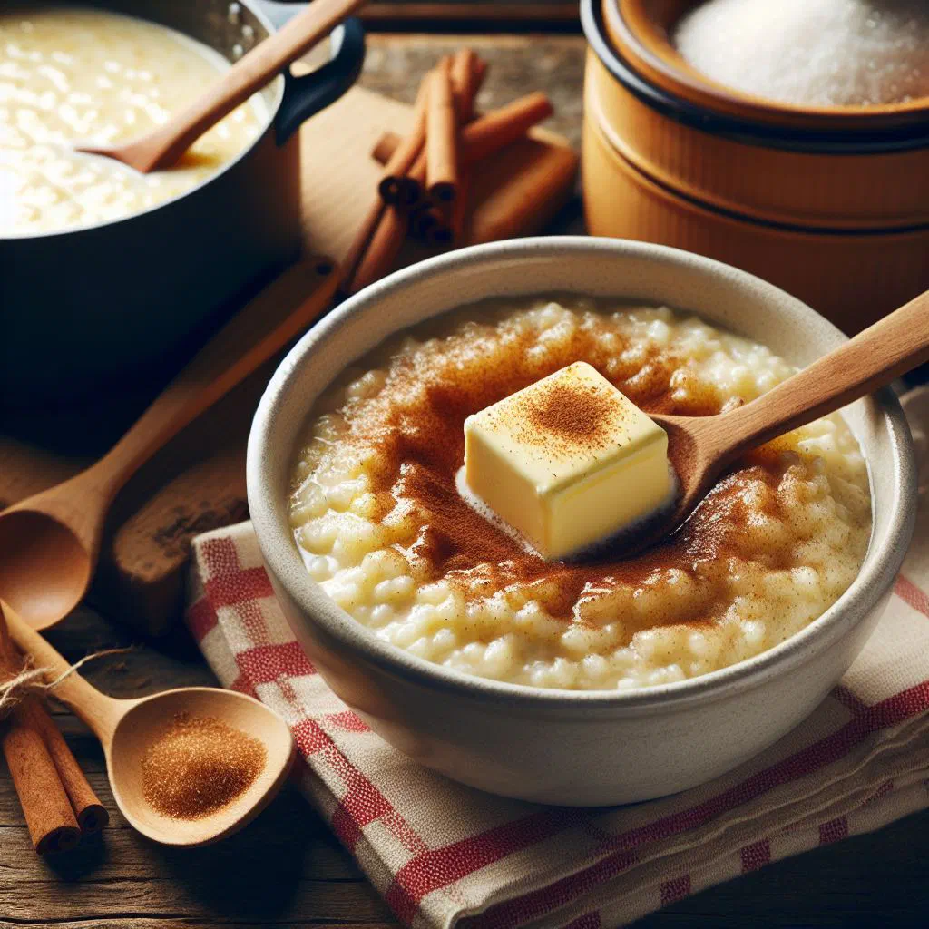 Creamy Danish rice porridge in a bowl with butter, cinnamon and sugar