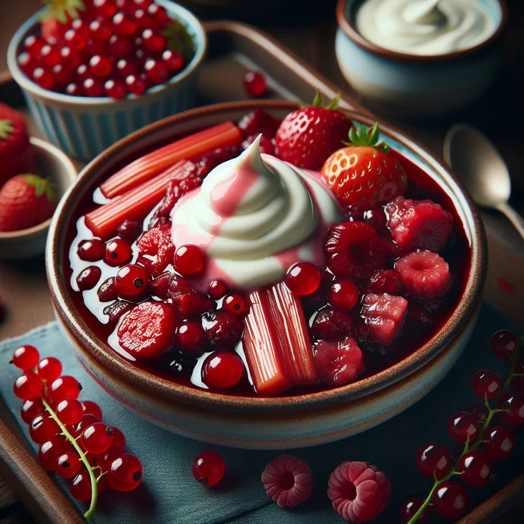 Bowl of red berry compote topped with pouring cream and fresh mint