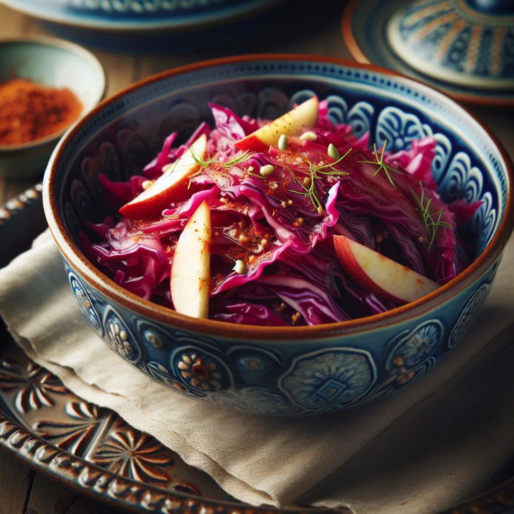 Braised Danish red cabbage with apple in a serving bowl