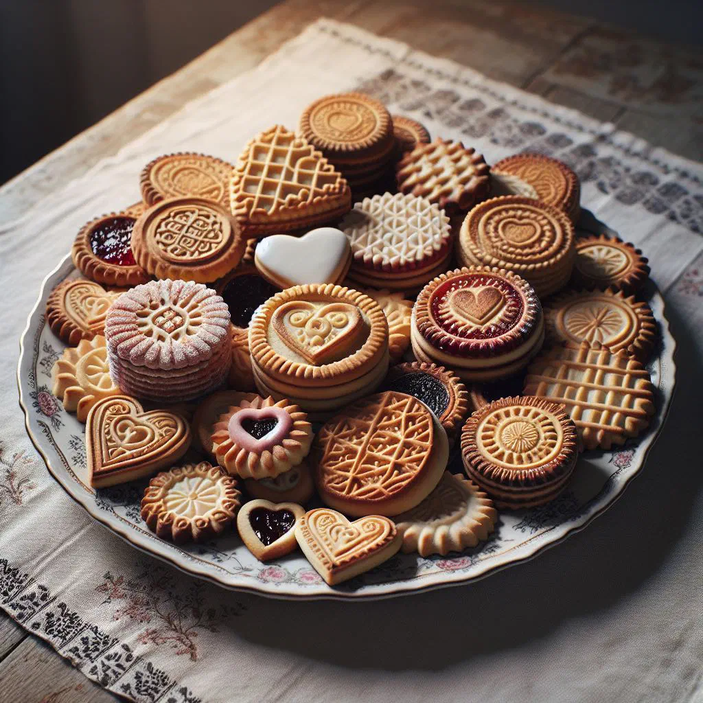 Small golden Danish butter biscuits cooling on a wire rack