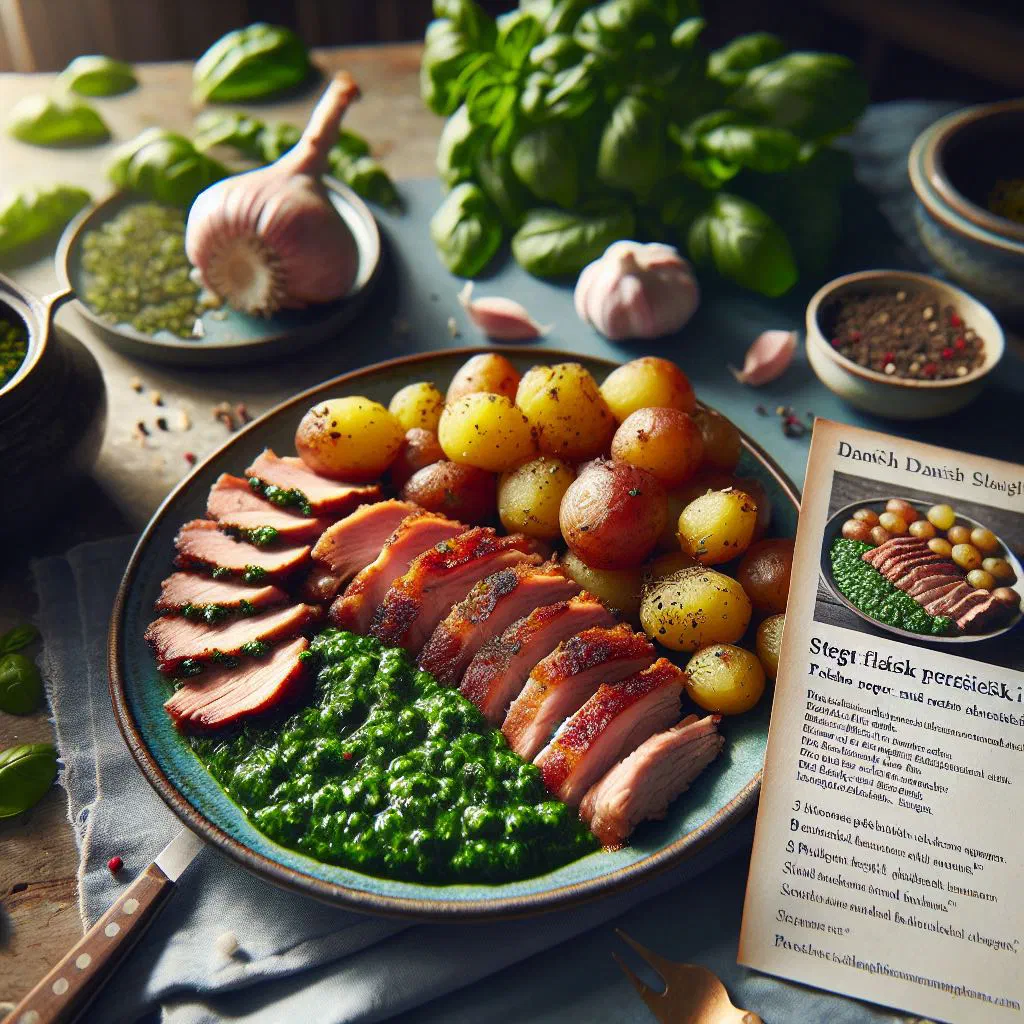 Crisp slices of fried pork belly with creamy parsley sauce and boiled potatoes