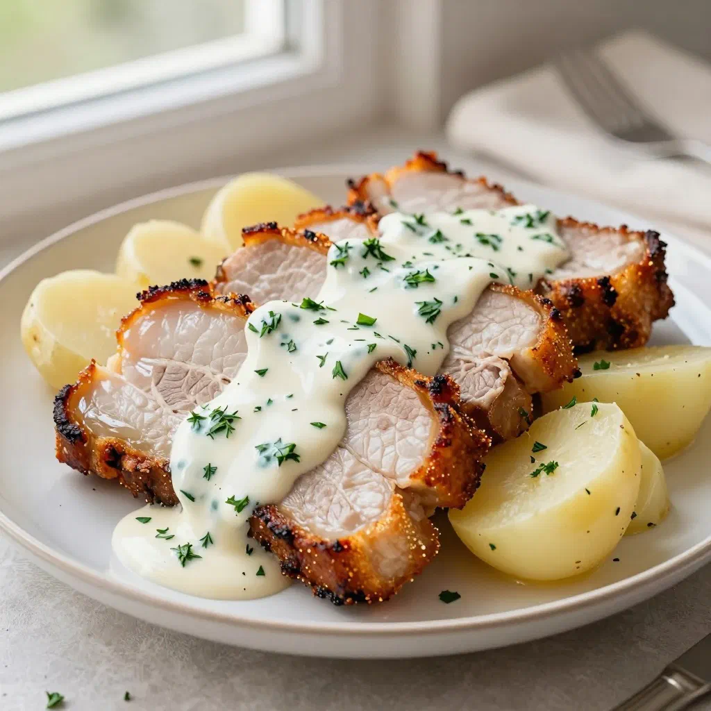Crisp slices of fried pork belly with creamy parsley sauce and boiled potatoes